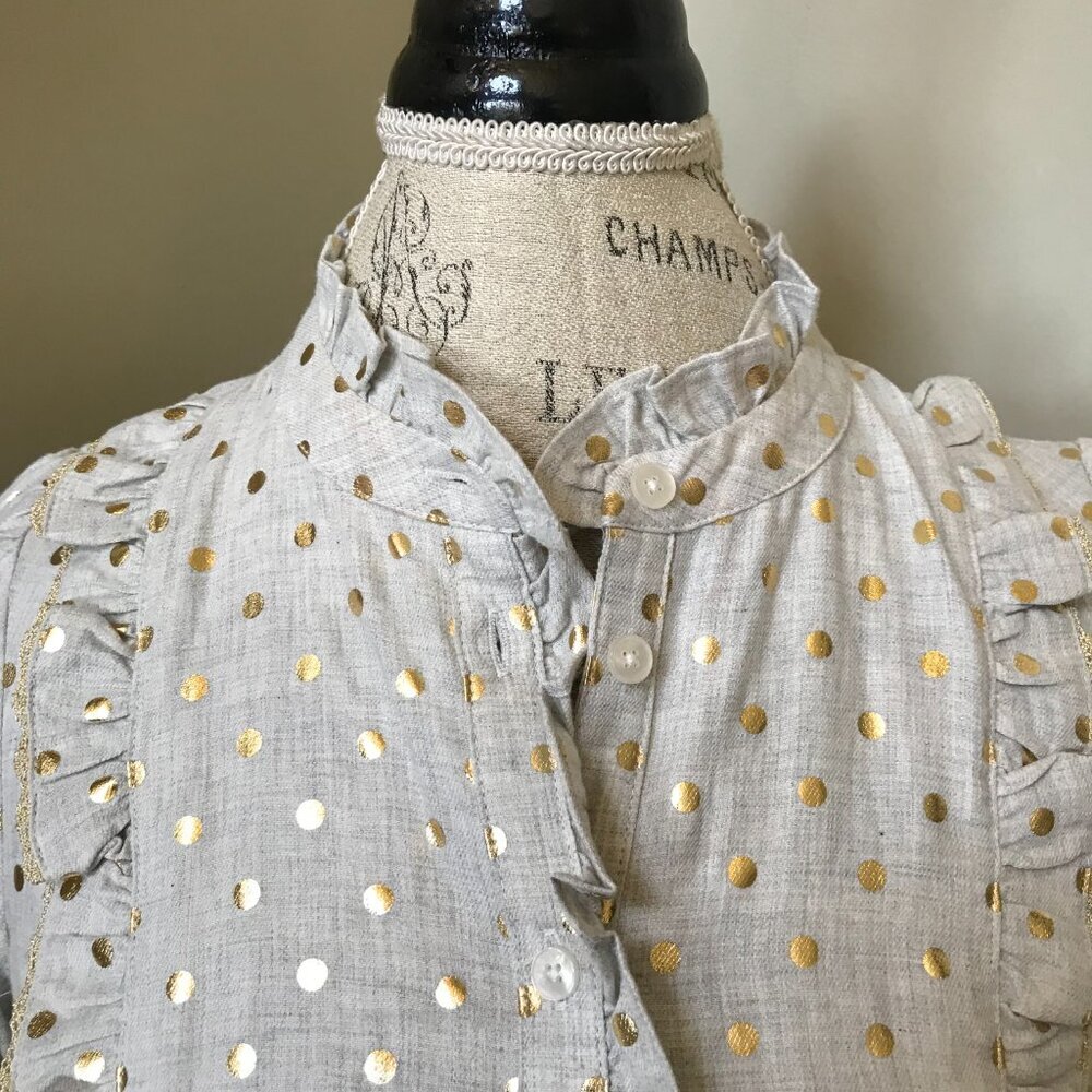 Boden Isla Frill Metallic Dot Shirt Blouse Womens 6 Gray Gold Long Sleeve Ruffle - Picture 5 of 12